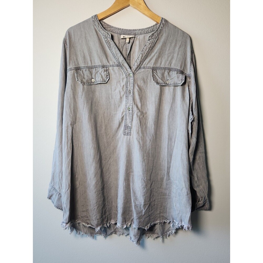 Hester & Orchard Gray Tencel Fringed Bohemian Tunic Shirt Top Women's Plus 1X